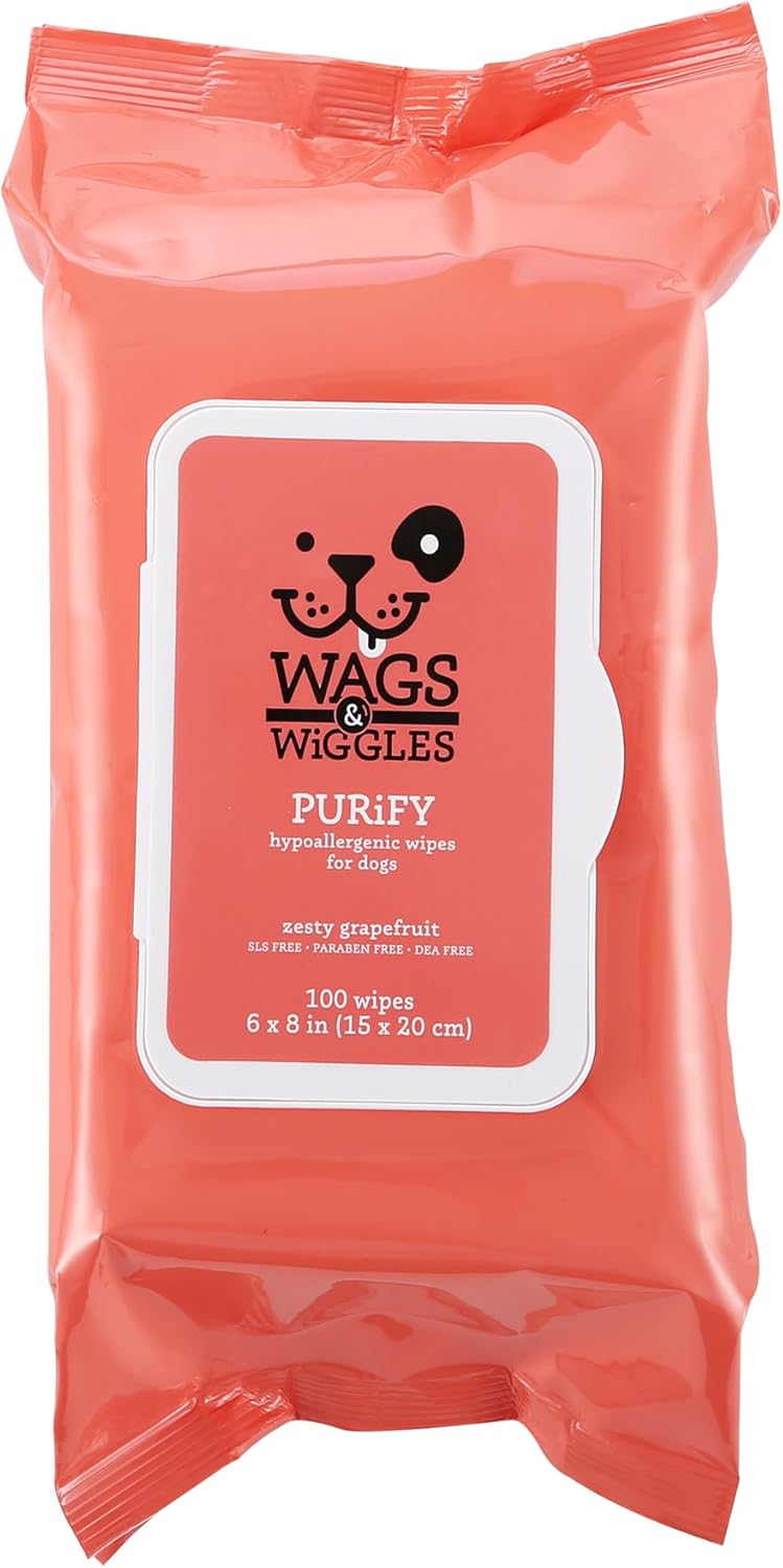Purify Hypoallergenic Dog Wipes for Sensitive Skin, Paw and Body Grooming Wipes with Gentle Plant Based Formula for Everyday Cleaning, Zesty Grapefruit Scent, 100 Count