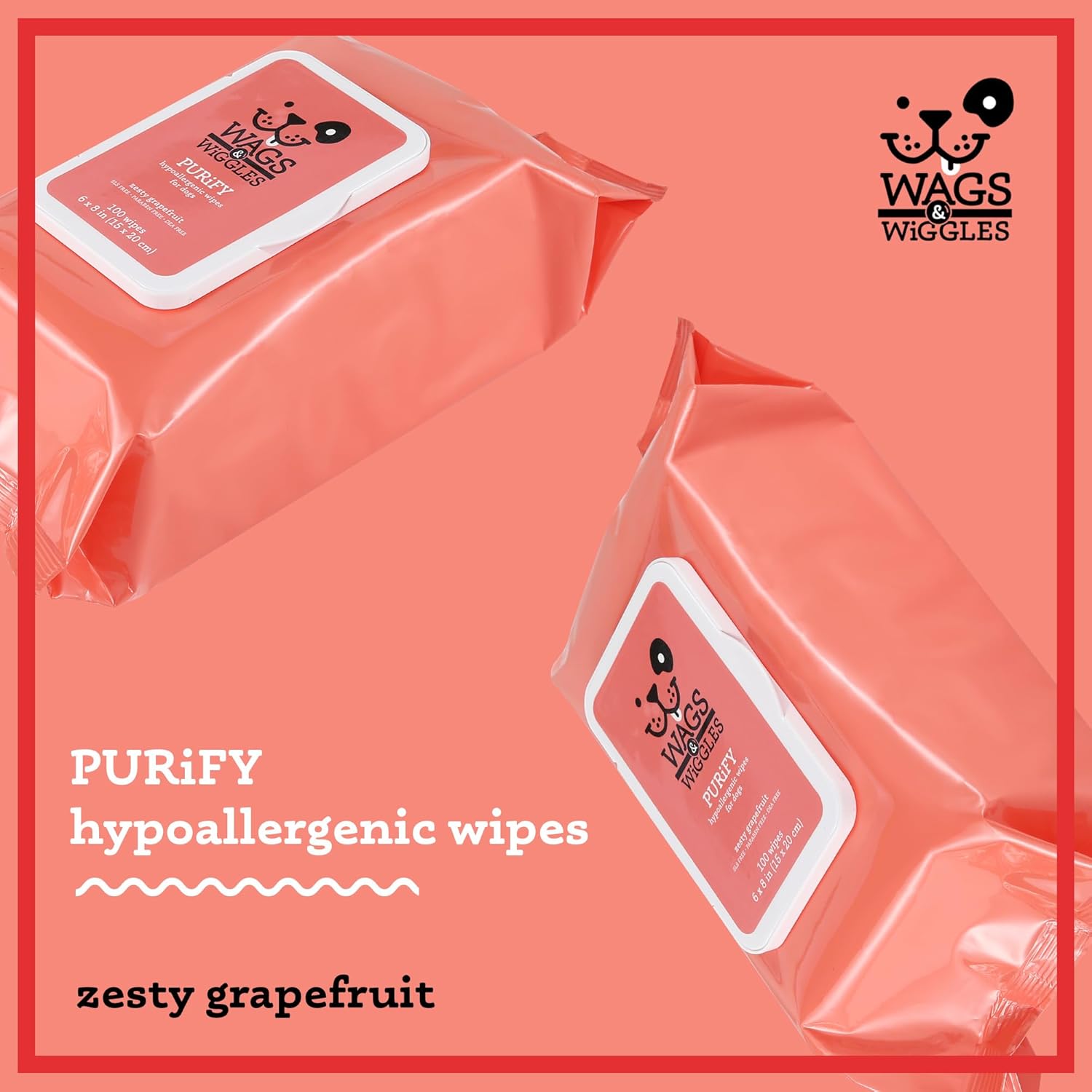 Purify Hypoallergenic Dog Wipes for Sensitive Skin, Paw and Body Grooming Wipes with Gentle Plant Based Formula for Everyday Cleaning, Zesty Grapefruit Scent, 100 Count