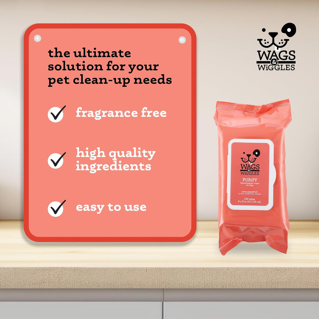 Purify Hypoallergenic Dog Wipes for Sensitive Skin, Paw and Body Grooming Wipes with Gentle Plant Based Formula for Everyday Cleaning, Zesty Grapefruit Scent, 100 Count