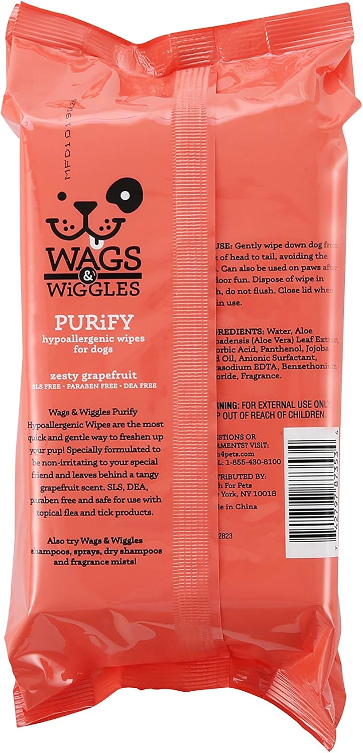 Purify Hypoallergenic Dog Wipes for Sensitive Skin, Paw and Body Grooming Wipes with Gentle Plant Based Formula for Everyday Cleaning, Zesty Grapefruit Scent, 100 Count