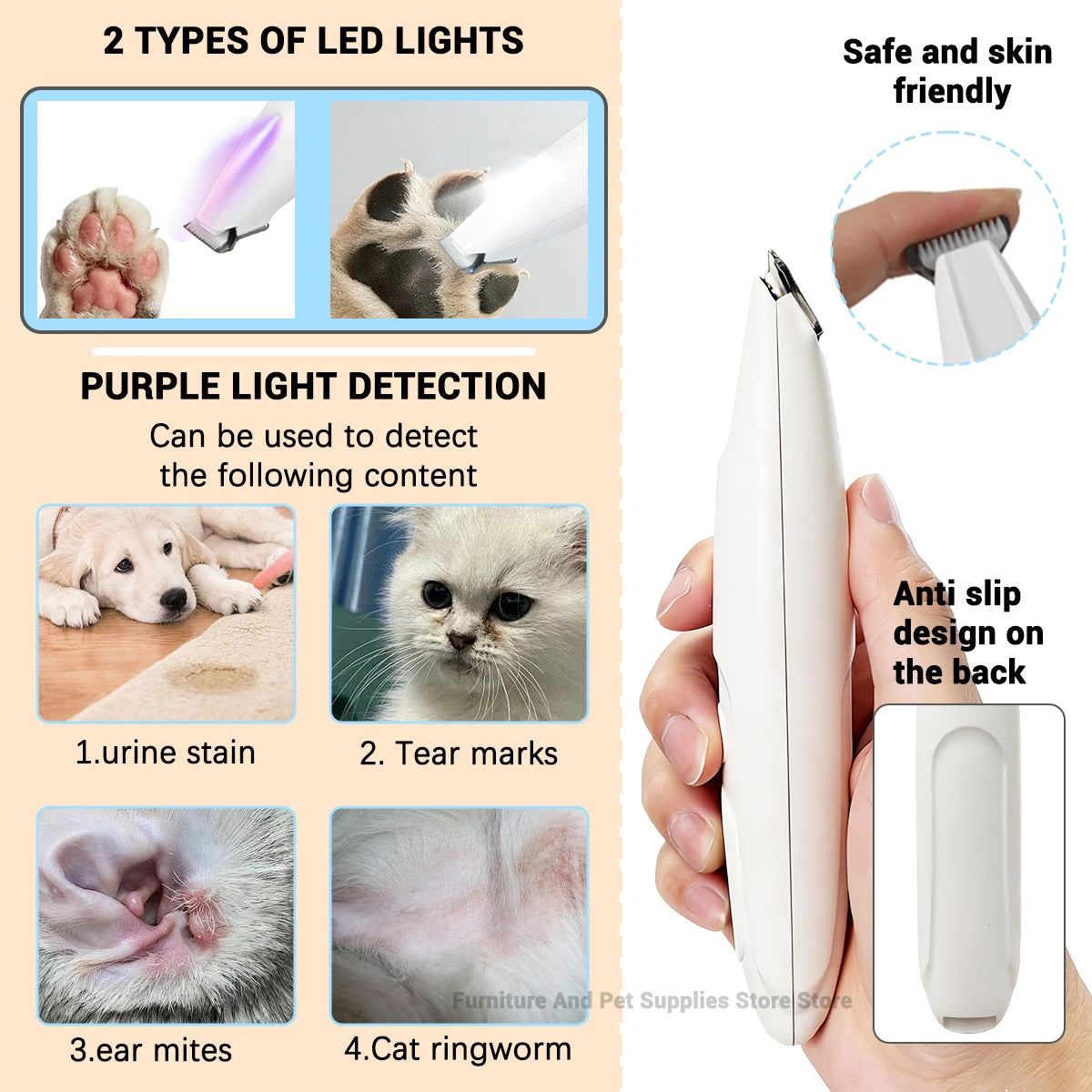 Pet Dog Electric Beauty Trimmer Waterproof Pet Foot Hair LED/UV Light Trimmer Low Noise Cat Dog Face Foot Ear Hip Claw Shaver