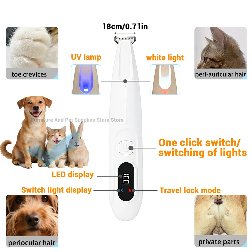 Pet Dog Electric Beauty Trimmer Waterproof Pet Foot Hair LED/UV Light Trimmer Low Noise Cat Dog Face Foot Ear Hip Claw Shaver