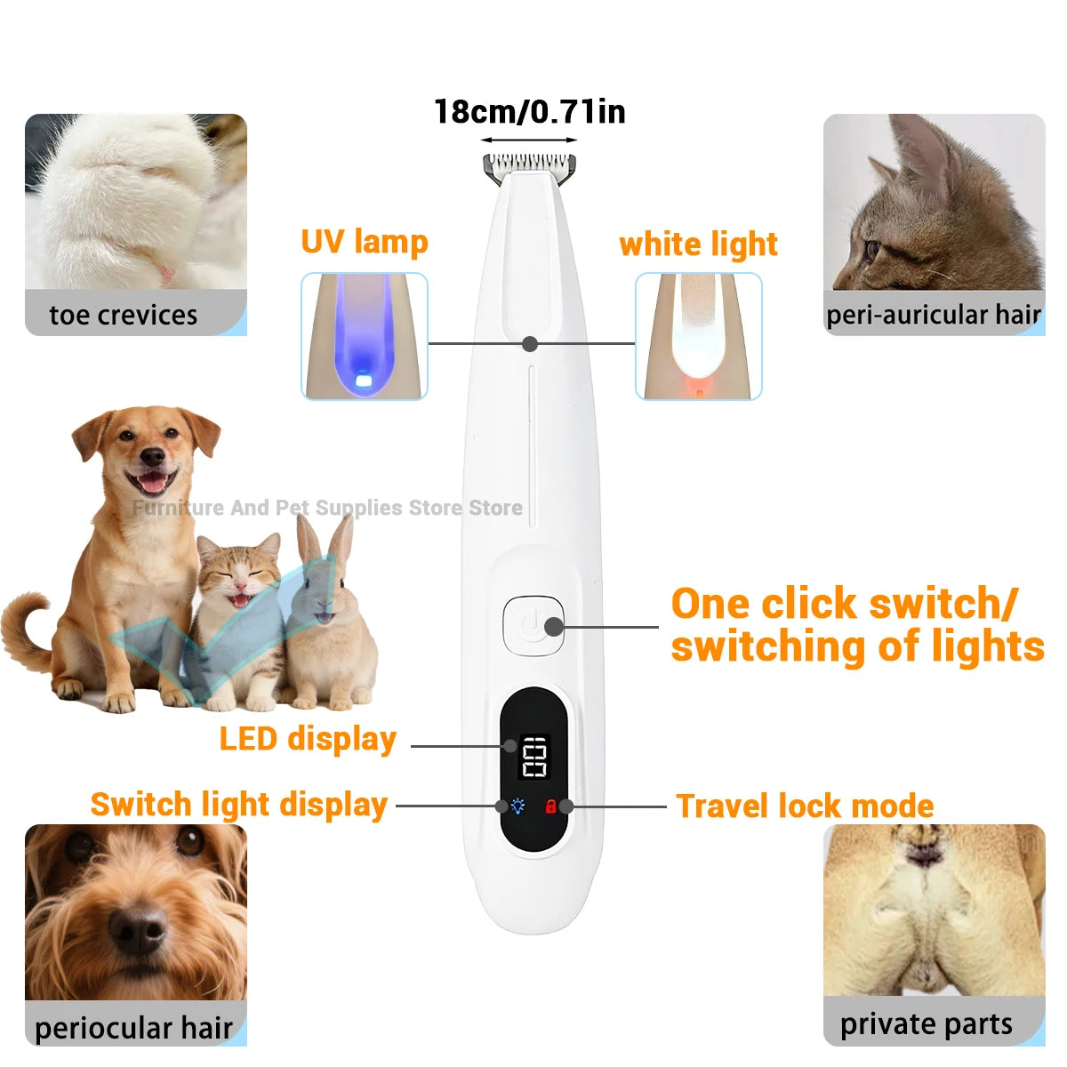 Pet Dog Electric Beauty Trimmer Waterproof Pet Foot Hair LED/UV Light Trimmer Low Noise Cat Dog Face Foot Ear Hip Claw Shaver